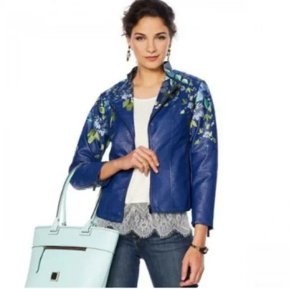 Colleen Lopez Terra Cotta Embroidered Floral Faux Leather Moto Jacket XS - Picture 3 of 8